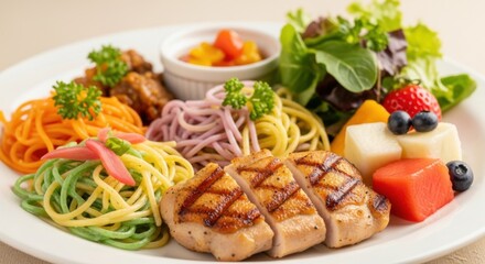 Colorful Pasta Platter with Grilled Chicken and Fresh Fruit Salad