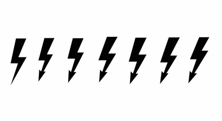 Row of Seven Black Lightning Bolt Symbols on White Background