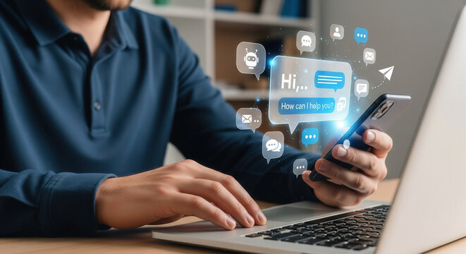 Man interacting with AI chatbot on smartphone, surrounded by digital icons, symbolizing modern customer service and virtual assistance technology.