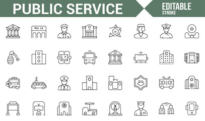 A set of public service-related icons, featuring symbols for government buildings, police, emergency services, and healthcare institutions.