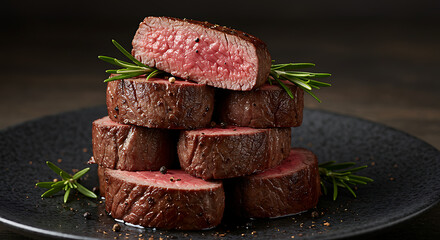 Rare beef tenderloin medallions stacked on plate with meat juices pooling underneath, garnished with rosemary