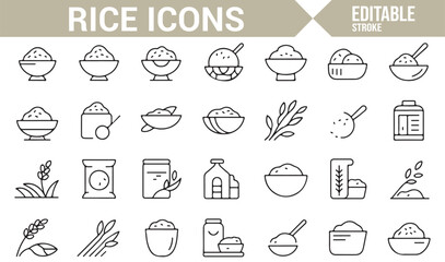 Icons for rice dishes, rice farming, and cooking, representing various stages of rice use.
