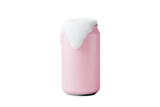 A pink drink can with the lid off, the top of which is covered in thick white isolated on a transparent background in PNG format.