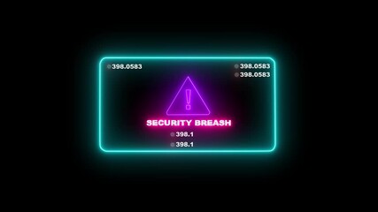  4k video neon animation. Business server show security breach alert warning sign, Hacker access private confidential database, Cyber attack data protection system concept.