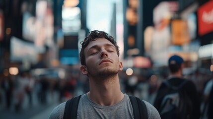 Fototapeta premium Young Man With Closed Eyes Standing in Busy City Street Highlighting Inner Peace and Mindfulness Amidst Urban Chaos