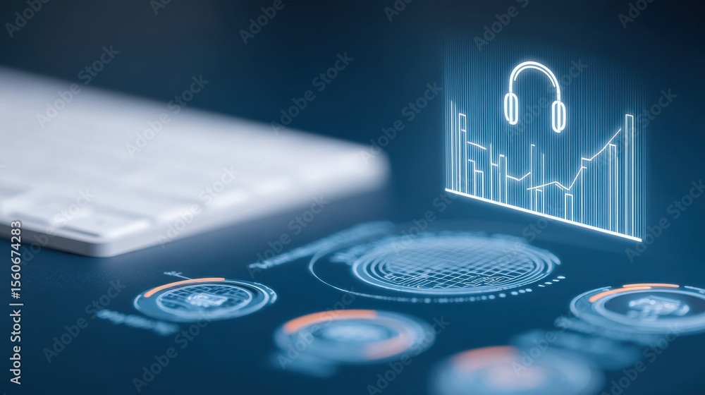 Poster glowing blue data visualization graph with headset icon