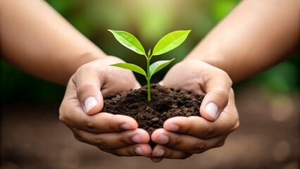 Soil-with-small-tree Hd Image .Close-up of hands holding soil with small tree seedling growing  symbolic of environment.High quality Jpg Background
