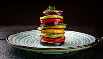 A colorful stack of grilled vegetables, including zucchini, eggplant, and tomato, arranged on a plate with a simple design. AI
