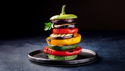 Colorful stack of grilled vegetables including zucchini, bell peppers, and eggplant on a dark background. Perfect vegan dish presentation for healthy eating themes. AI