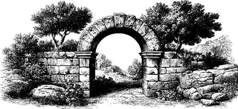 Ancient stone gate and keystone sketch for retro design and decor