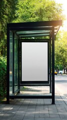 Stunning photo of modern bus stop shelter with blank advertising billboard in urban setting. Black metal frame, glass panels, green trees. Sunny day. Public transportation.