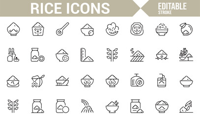Rice-related icons showing food preparation, harvesting, and cooking tools for kitchen use.