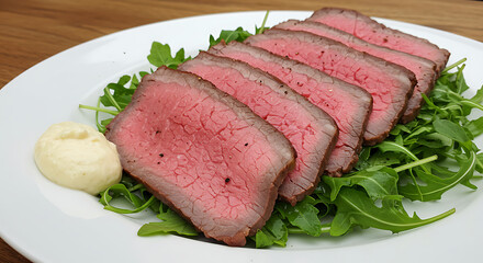 Fototapeta premium Pink-centered roast beef thinly sliced, layered over arugula salad with horseradish cream on the side