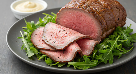 Pink-centered roast beef thinly sliced, layered over arugula salad with horseradish cream on the side