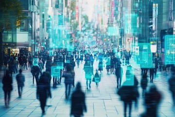 Busy city street, blurred people, digital overlay