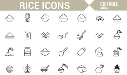 Line art icons for rice, including bowls, rice cooker, grains, and rice packaging.