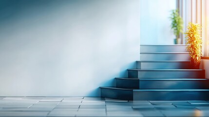 Modern Blue Interior with Gray Staircase and Sunlit Plants
