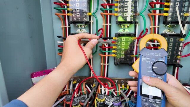 Electrician inspects control cabinet wiring substation using clamp meter for precise electrical measurement and safety check during maintenance with colorful wires and components visible ensuring