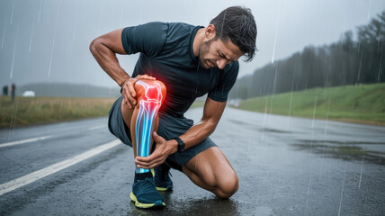 Runner experiencing knee pain during rainy weather male injury