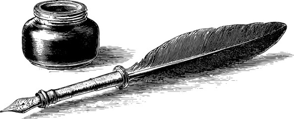 Vintage calligraphy set with quill pen and inkwell lid for artistic design