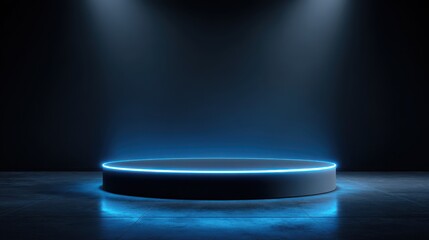 Stunning photo of background podium 3D light neon blue platform stage product abstract. Scene background 3D podium dark pedestal room glow studio empty stand floor night modern.