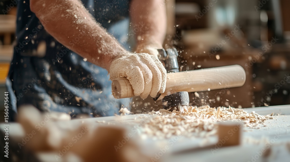 Aufkleber crafting wood objects in a workshop with vitality and precision during afternoon hours