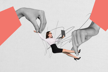 Composite trendy magazine photo collage of happy freelancer businesswoman hold laptop hands control...