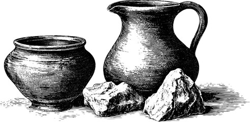 Vintage clay jug and pottery shard illustration for retro design