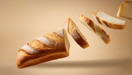 A fresh loaf of bread with slices flying diagonally against a beige background. The bread has a golden, crusty texture. AI