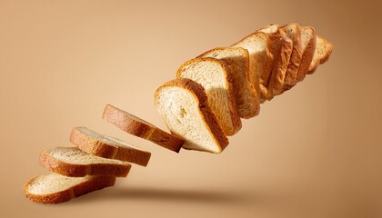 A fresh loaf of bread with slices flying diagonally against a beige background. The bread has a golden, crusty texture. AI
