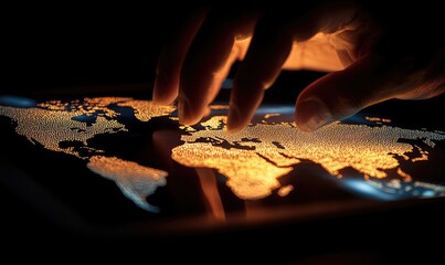 A hand interacts with a digital world map on a tablet. Glowing points highlight geographic regions