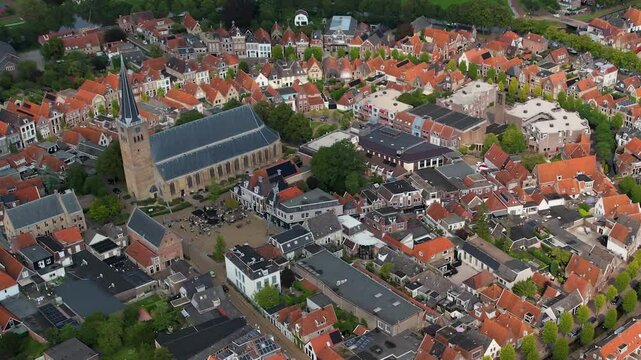 An panoramic Aerial view of the old town of the city Franeker in the Netherlands on a sunny day in summer