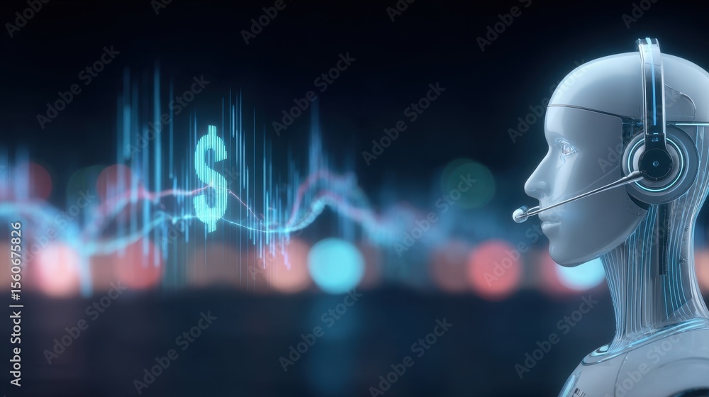Poster futuristic robot with headset and financial data visualization