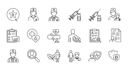 Healthcare & Medical Line Icon Set – Emergency, Doctor, Treatment, Diagnosis, Report & Prevention Symbols | Editable Stroke Vector