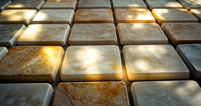 Sunlight creates shadows on a mosaic tile floor or wall, adding depth and texture.
