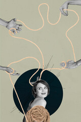 Banner sketch image vertical collage of happy girl guy stand master ribbon hand scribble control...
