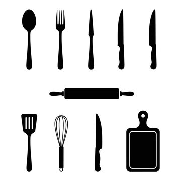 Black Kitchen Utensils and Tools Silhouettes &ndash; Spoon, Fork, Knives, Rolling Pin, Spatula, Whisk, Cutting Board Icons