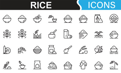 Symbols for rice dishes, rice cooking, and preparation tools represented in line art.