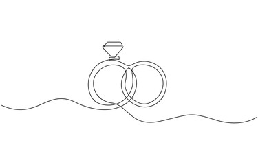 Engagement ring continuous line drawing illustration. One line art of love, Black isolated on white background. Hand drawn vector illustration, Wedding ring line art style vector illustration.