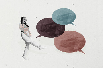 Collage of colorful speech bubbles symbolizing digital chatting modern communication internet...