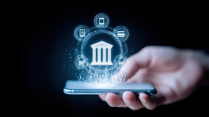Hand Holds Smartphone Showing Glowing Bank Icon and Digital Network Connections