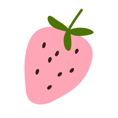 Strawberry with top leaf, simple doodle style. Sweet garden food, berry. Healthy vitamin fruit with seeds. Fresh summer natural snack. Flat graphic vector illustration isolated on white background