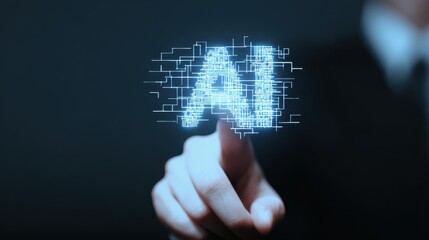 Hand Interacting with Glowing Blue AI Symbol on Dark Background