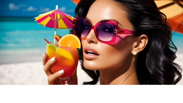 A stunningly beautiful woman with flawless, sun-kissed skin and luscious, wavy dark hair is captured in a close-up portrait, donning trendy, oversized sunglasses with brightly colored frames