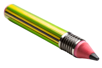 Three yellow pencils, pens, and an eraser are isolated objects on a white background, essential office and school equipment for writing and drawing