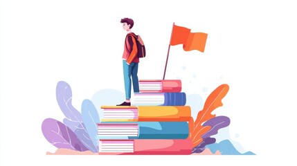 Clever man, student standing on books stack with flag. Self learning, personal improvement, knowledge obtaining. Educational achievement. Vector isolated concept metaphor illustration, no logos, no b