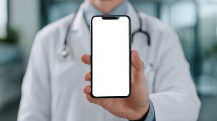 Male doctor holding cell phone in hands using blank white mockup screen technology ehealth mobile app for medical healthcare telemedicine ads, e telehealth online applications. Over shoulder view, no