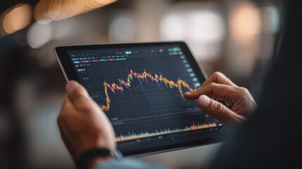Trader consulting business investor showing crypto trading chart using digital tablet computer analyzing stock exchange market discussing risks and investment financial profit. Over shoulder view, no