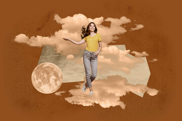 Zine 3d poster art collage of happy girl guy stand space galaxy moon planet cosmos discovery...