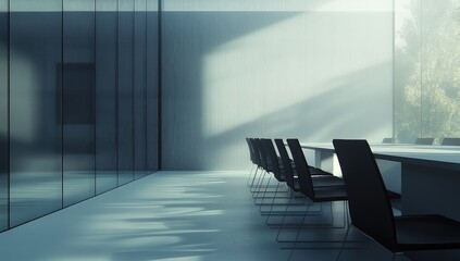 Modern, minimalist meeting room with glass walls.  Sunlight streams through the glass, creating soft shadows on the light-colored floor.  Rows of black chairs face a long, white table. 